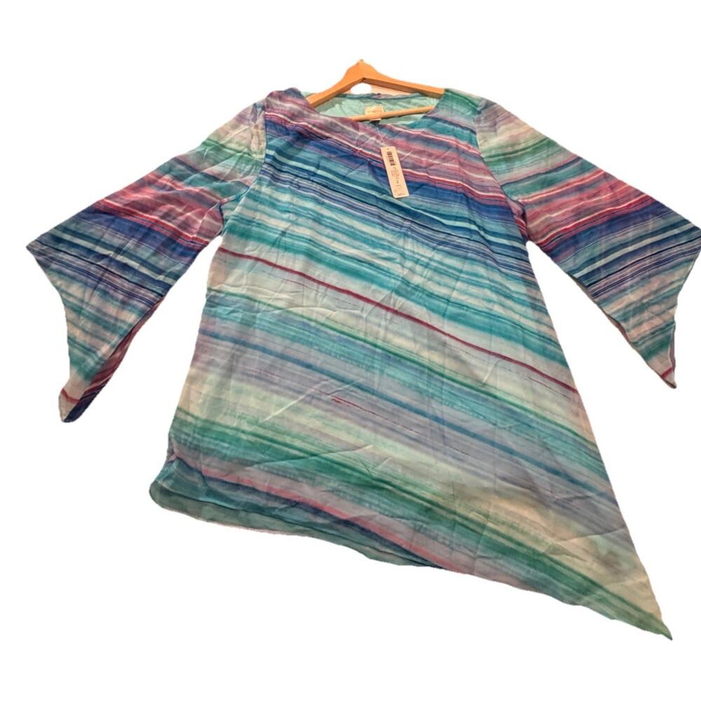 Chico's Vivid Stripe Asymmetrical Hem Tunic Blouse Multicolor 100% Rayon 2 NWT